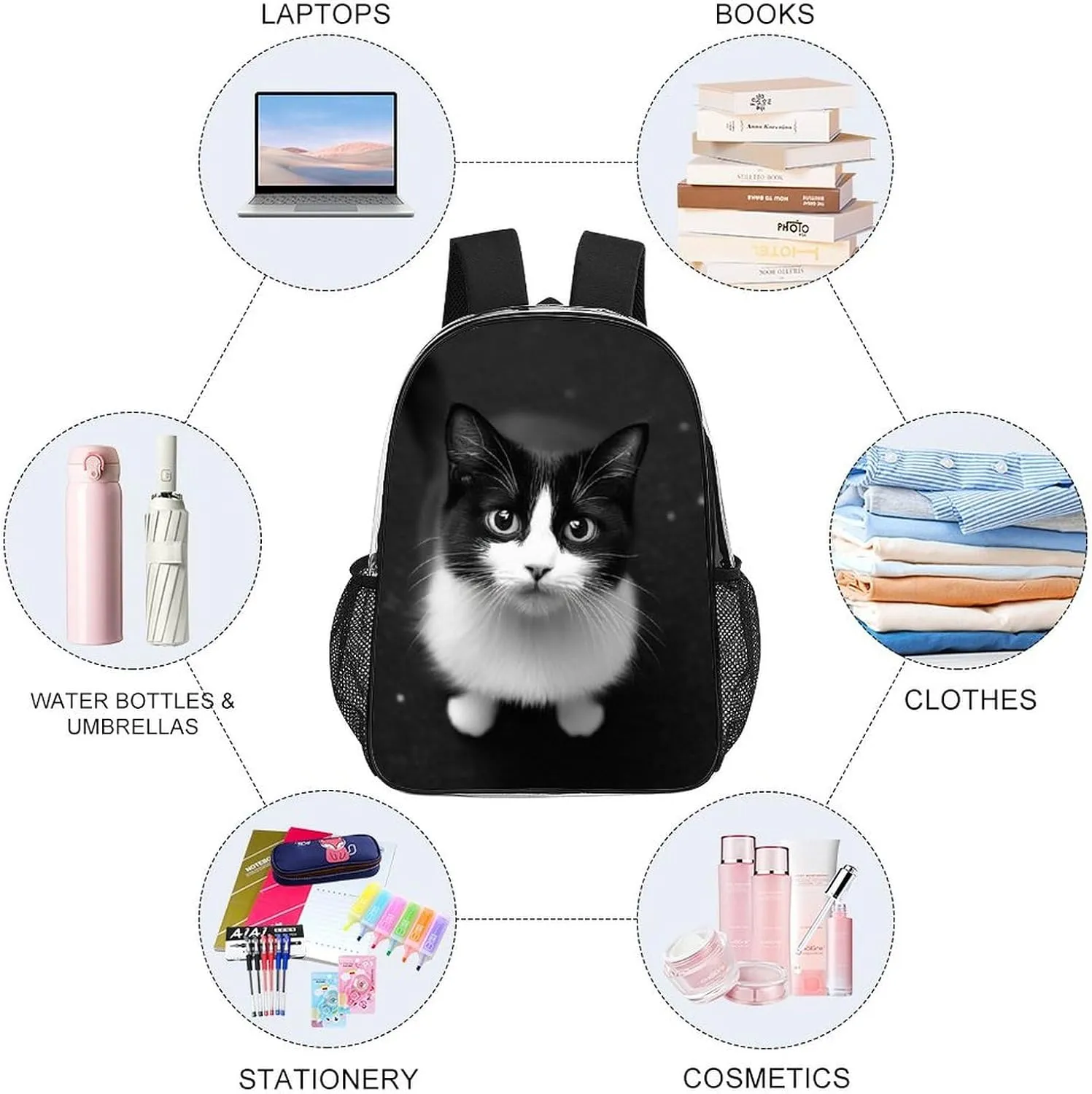 Casual Daypack Multipurpose Anti-Theft Large Capacity Carry On Bag - Black Cat Casual Daypack Climbing Shoulder Transparent Bag
