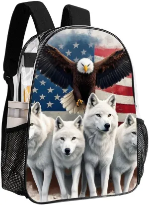 Casual Daypack Multipurpose Anti-Theft Large Capacity Carry On Bag - Wolves And Eagles Wolf American Flag Casual Daypack Climbing Shoulder Transparent Bag