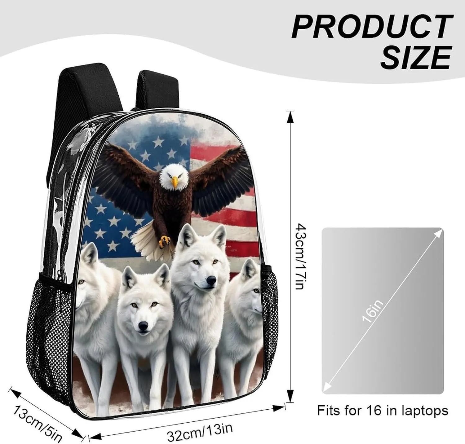 Casual Daypack Multipurpose Anti-Theft Large Capacity Carry On Bag - Wolves And Eagles Wolf American Flag Casual Daypack Climbing Shoulder Transparent Bag