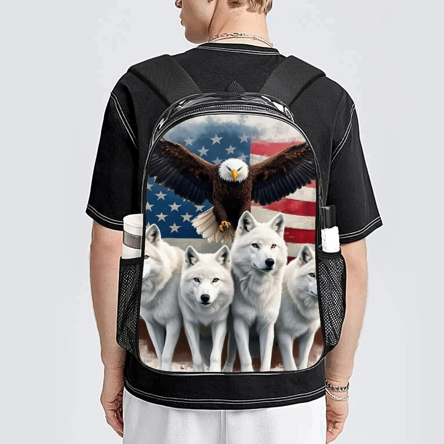 Casual Daypack Multipurpose Anti-Theft Large Capacity Carry On Bag - Wolves And Eagles Wolf American Flag Casual Daypack Climbing Shoulder Transparent Bag