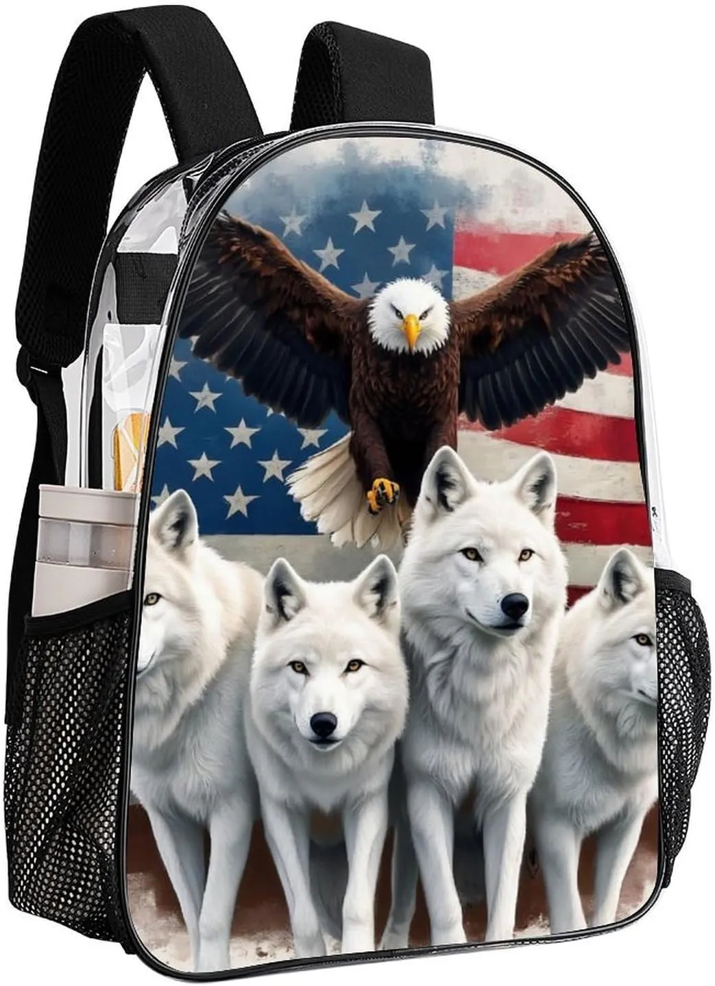 Casual Daypack Multipurpose Anti-Theft Large Capacity Carry On Bag - Wolves And Eagles Wolf American Flag Casual Daypack Climbing Shoulder Transparent Bag