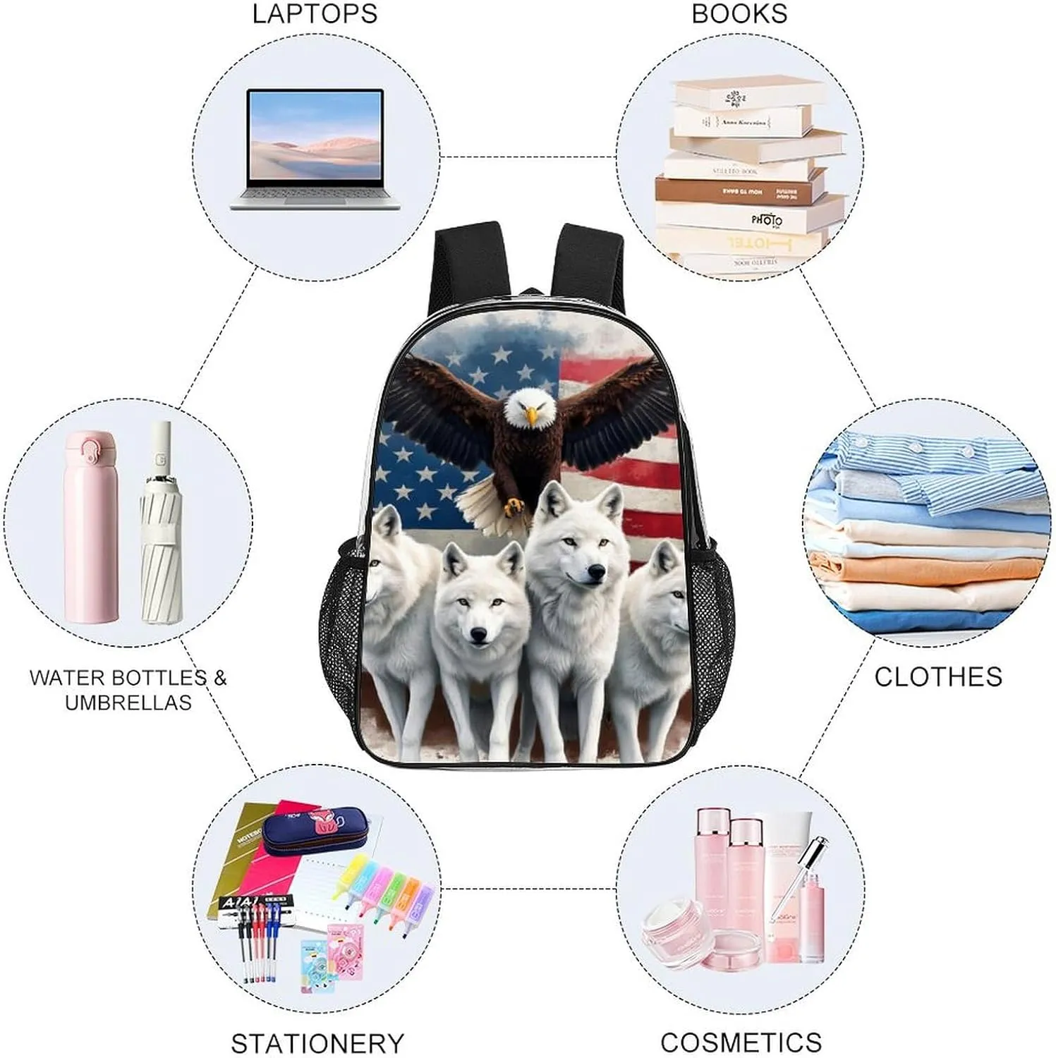 Casual Daypack Multipurpose Anti-Theft Large Capacity Carry On Bag - Wolves And Eagles Wolf American Flag Casual Daypack Climbing Shoulder Transparent Bag