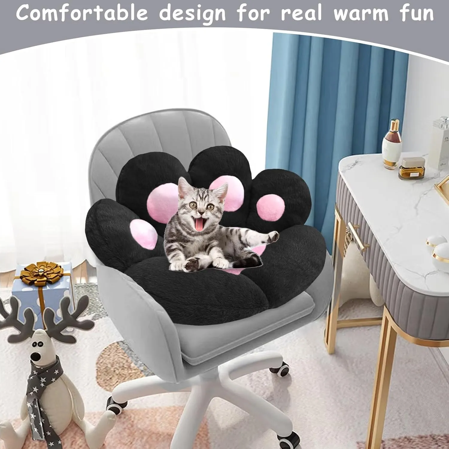 Cat Paw Cushion Kawaii Office Desk Chair Cushion Comfy Plush Cat Paw Shape Gaming Chair Cushion Bear Cute Seat Cushion for Girl, Kawaii Room Bedroom Decorate 28"x 24" (Black)