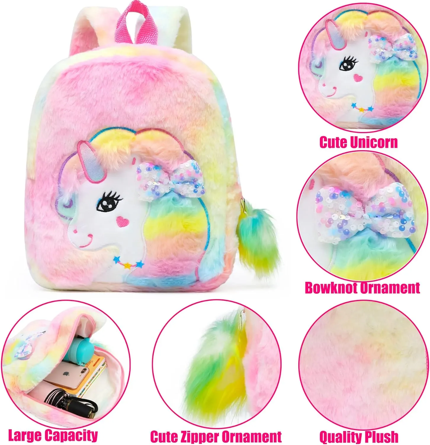 CBOALOGR Cute Plush Unicorn Toddler Small Backpack Little Plush Bookbag for Girls 3 to 6 years old