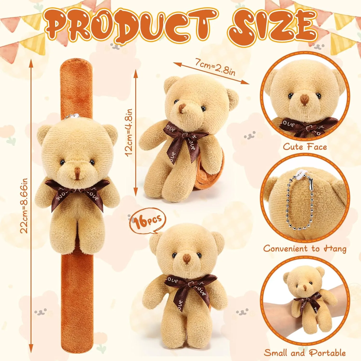 Ceenna 16 Pcs Bear Stuffed Animal Slap Bracelets Bear Plush Slap Bracelets 8.66 Inch Adorable Wrist Toys Bulk End of Year Gifts for Birthday Party Graduation Gifts Goodie Bag Fillers