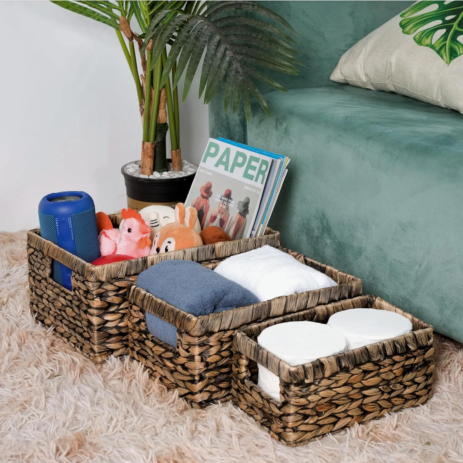 CENBOSS Wicker Baskets (Medium, Black Wash, 1PC) Rattan Storage Baskets for Shelves, Woven Seagrass Holder