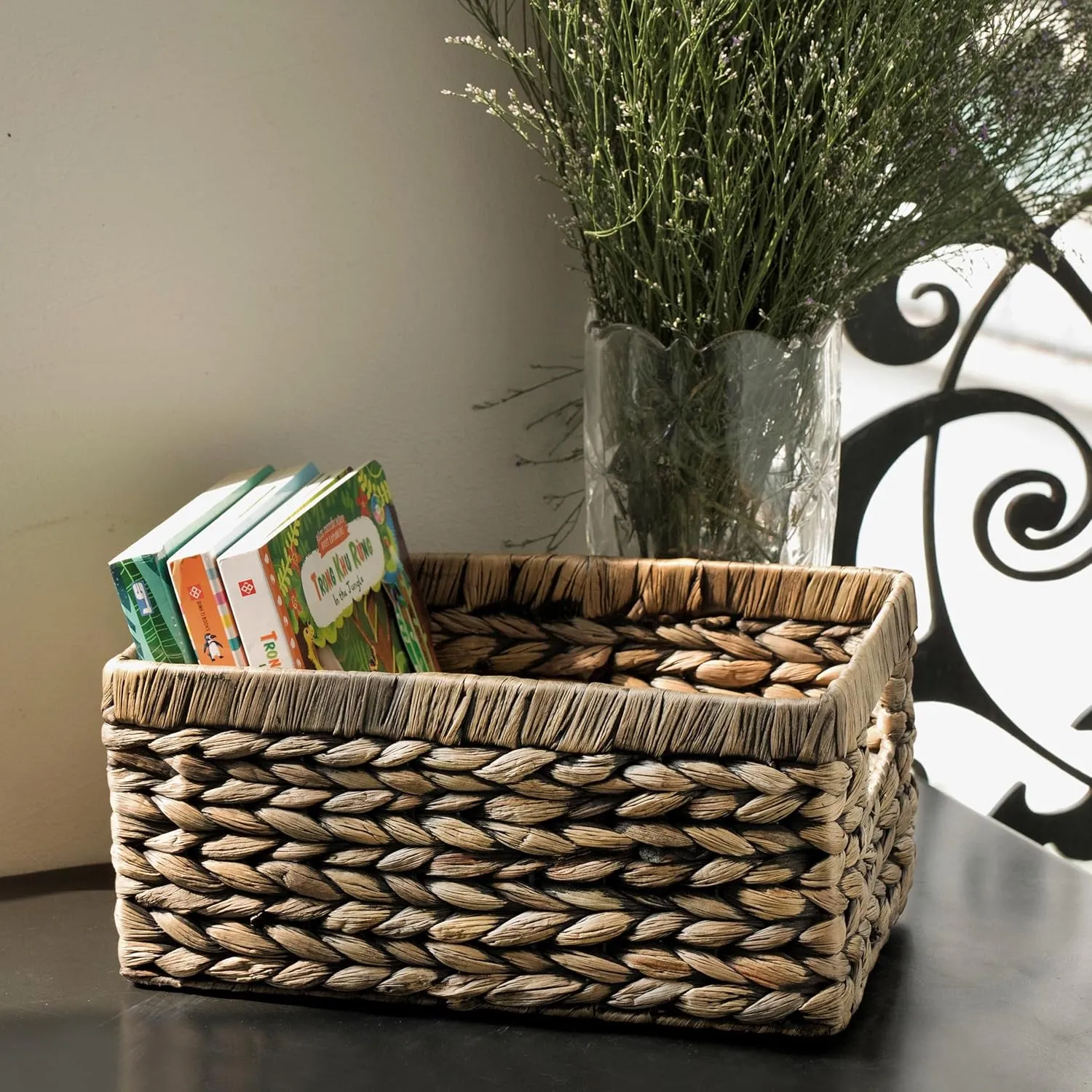 CENBOSS Wicker Baskets (Medium, Black Wash, 1PC) Rattan Storage Baskets for Shelves, Woven Seagrass Holder