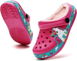 CERYTHRINA Kids Fur Lined Garden Clogs: Cartoon Sandals - Fleece Winter Warm House Slippers for Boys Girls Toddler