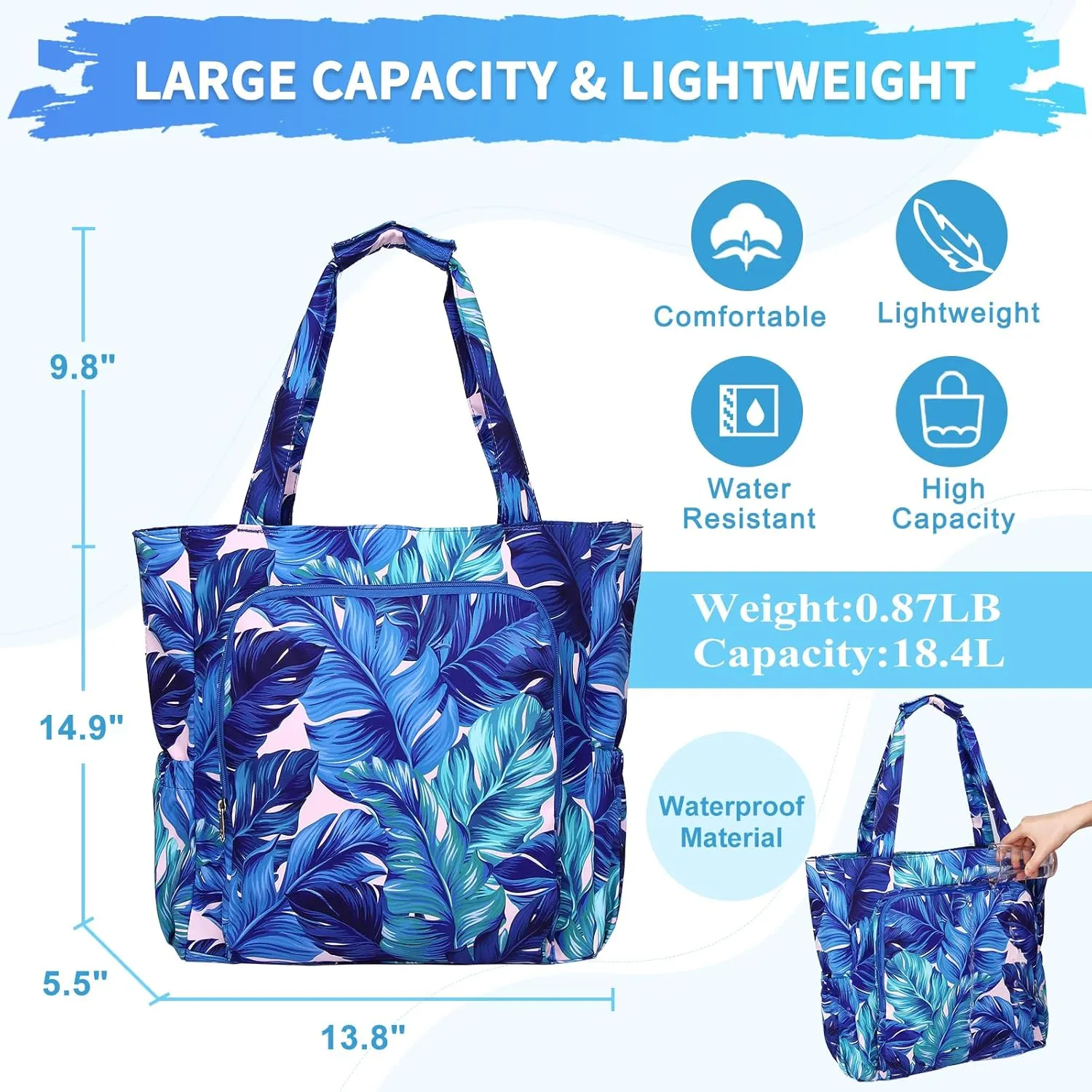 Chase Chic Large Beach Tote Bag for Women, Lightweight Waterproof Pool Tote Bag With Zipper Wet Compartment for Travel
