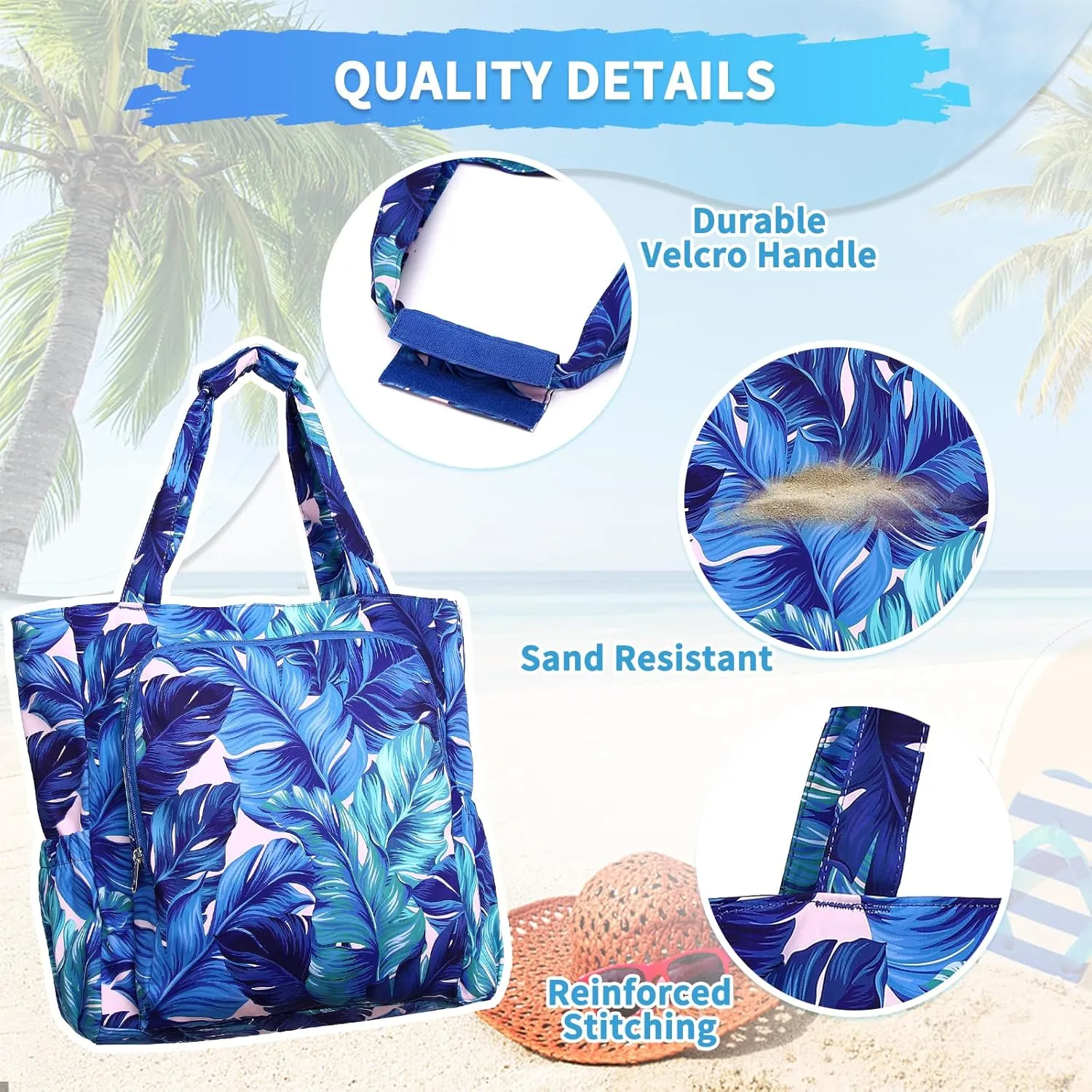 Chase Chic Large Beach Tote Bag for Women, Lightweight Waterproof Pool Tote Bag With Zipper Wet Compartment for Travel
