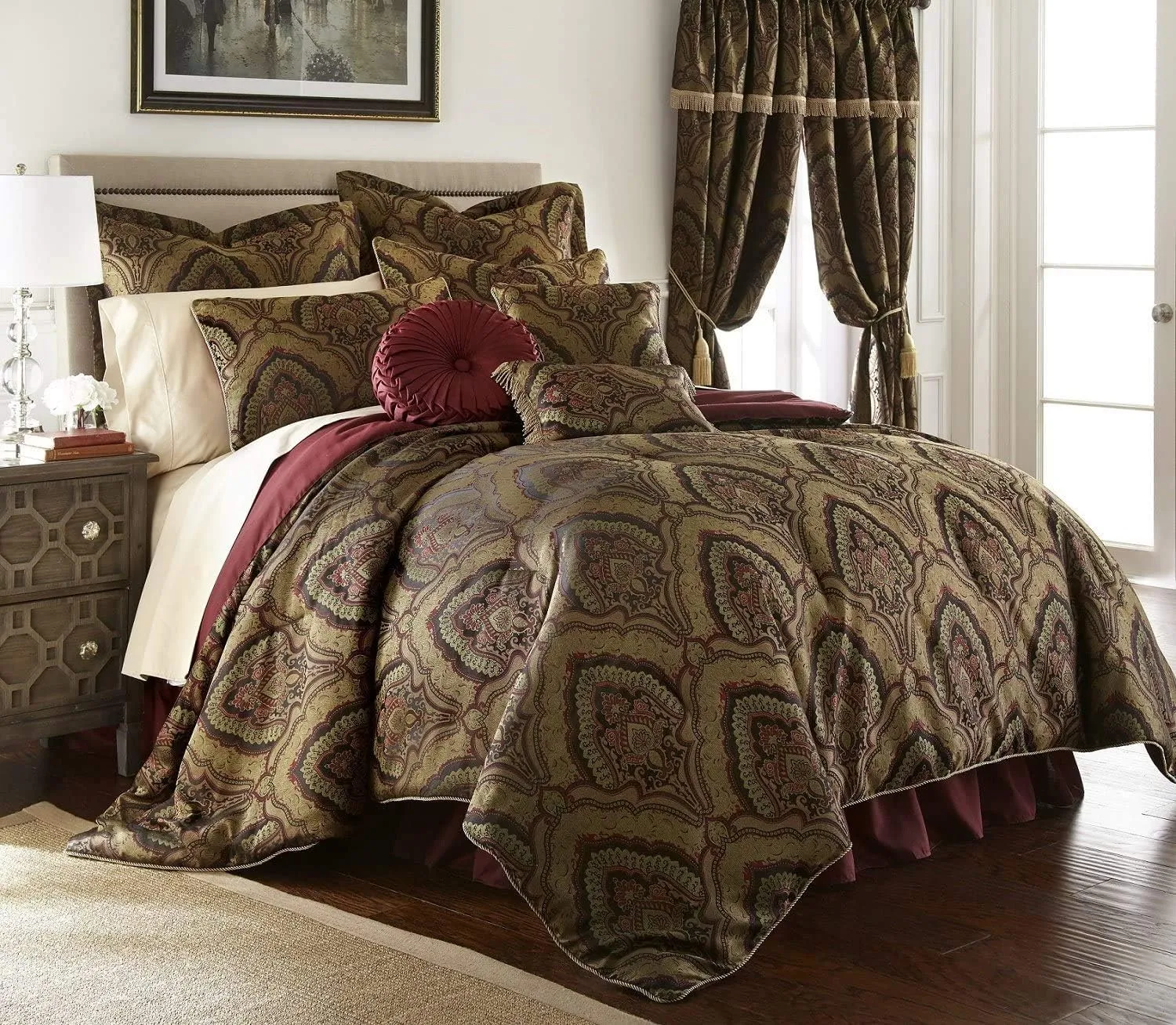 Chezmoi Collection Seville 9-Piece Jacquard Black Gold Maroon Red Medallion Paisley Oversized Comforter Set, King 110" x96