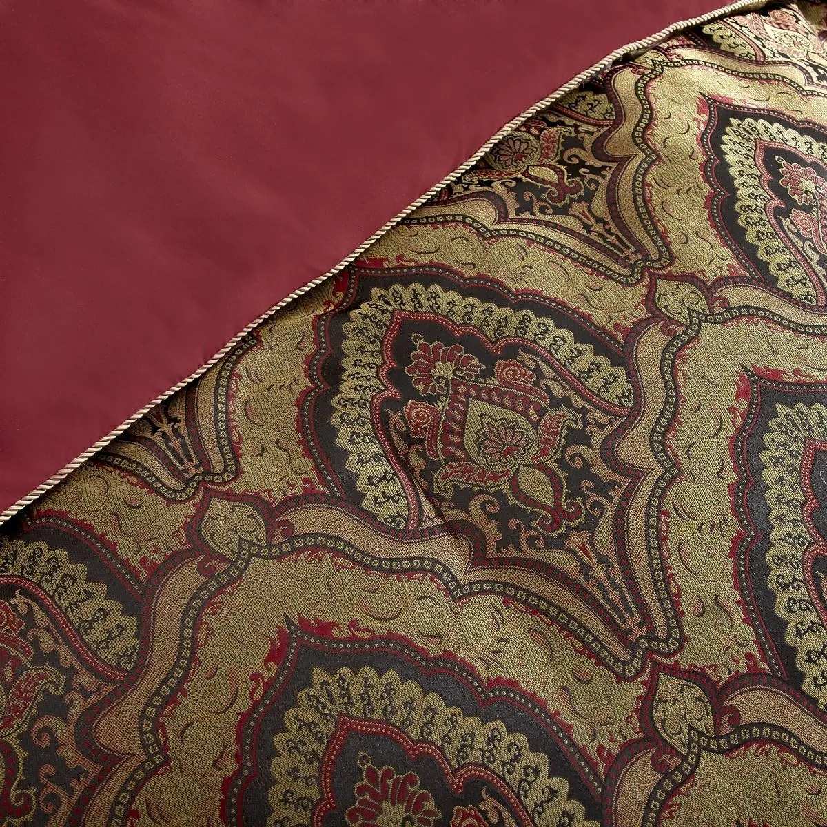Chezmoi Collection Seville 9-Piece Jacquard Black Gold Maroon Red Medallion Paisley Oversized Comforter Set, King 110" x96