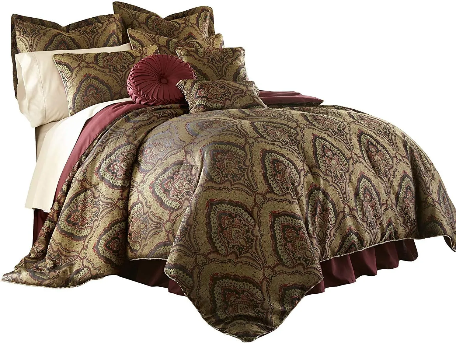 Chezmoi Collection Seville 9-Piece Jacquard Black Gold Maroon Red Medallion Paisley Oversized Comforter Set, King 110" x96