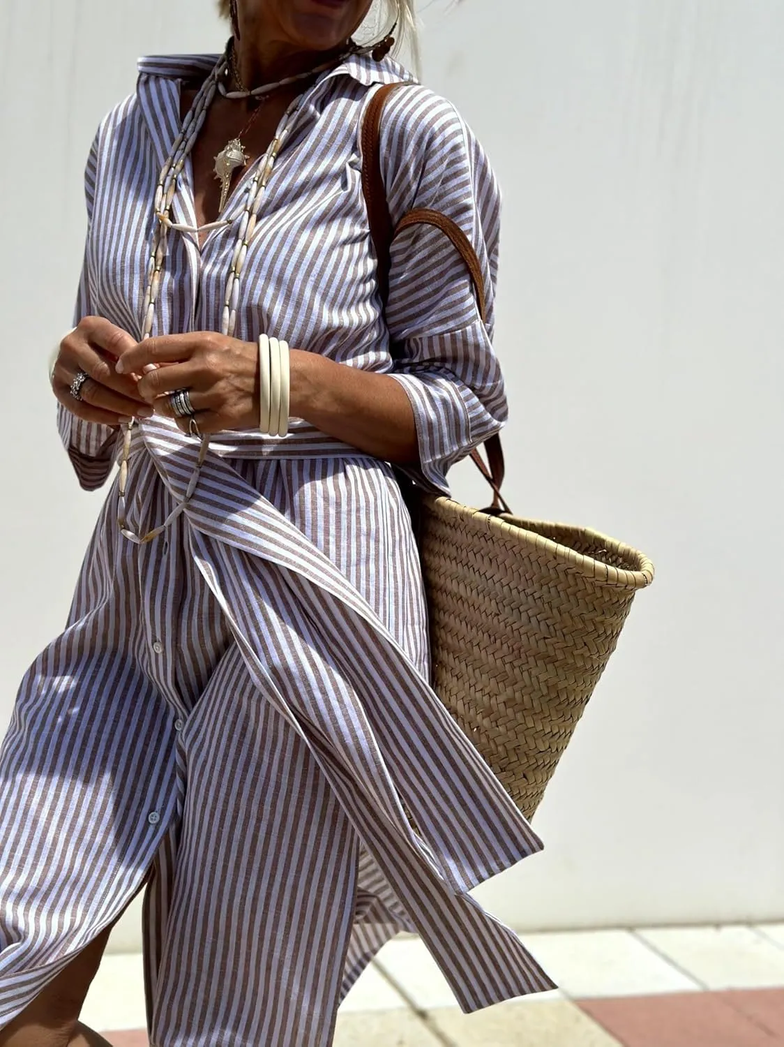 chouyatou Women's Summer 3/4 Sleeve Striped Shirt Dress Belted Maxi Long Casual Button Down Beach Dress