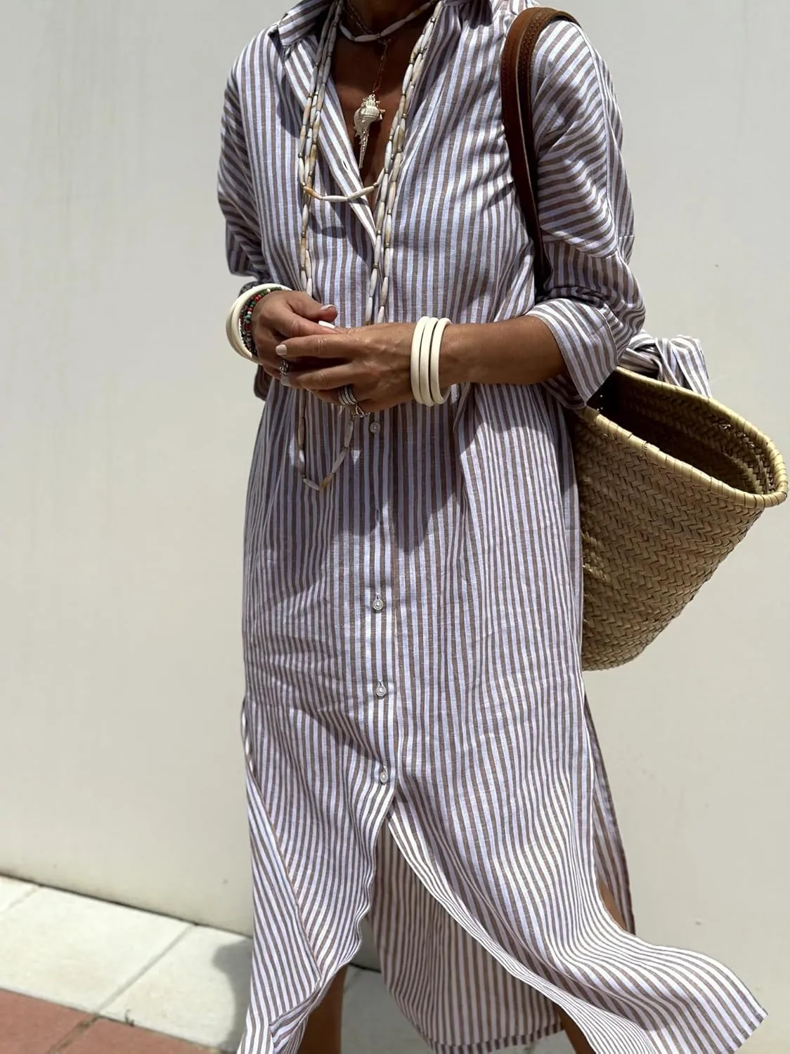 chouyatou Women's Summer 3/4 Sleeve Striped Shirt Dress Belted Maxi Long Casual Button Down Beach Dress
