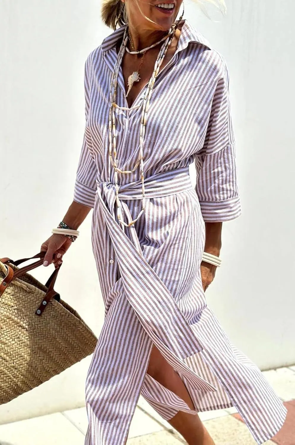 chouyatou Women's Summer 3/4 Sleeve Striped Shirt Dress Belted Maxi Long Casual Button Down Beach Dress