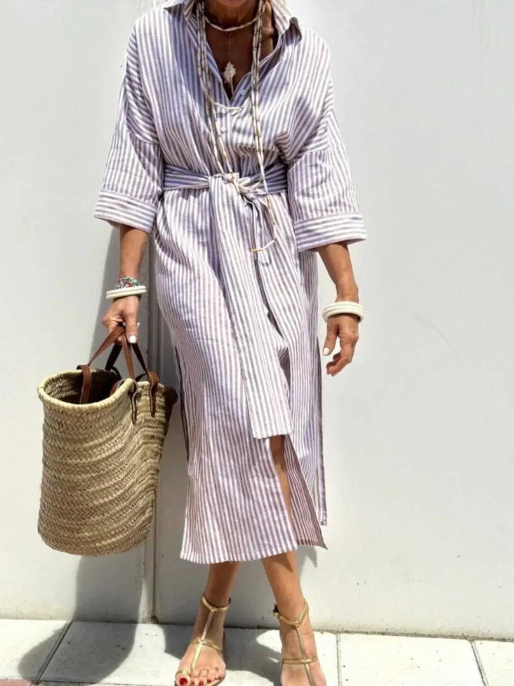 chouyatou Women's Summer 3/4 Sleeve Striped Shirt Dress Belted Maxi Long Casual Button Down Beach Dress