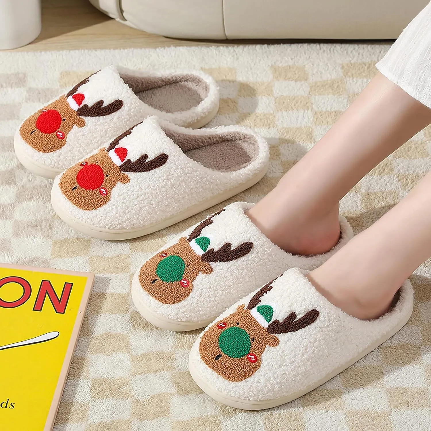 Christmas Santa Reindeer Slippers - Soft Plush Fuzzy Cozy House Slippers for Women Men Indoor Outdoor Shoes