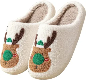 Christmas Santa Reindeer Slippers - Soft Plush Fuzzy Cozy House Slippers for Women Men Indoor Outdoor Shoes