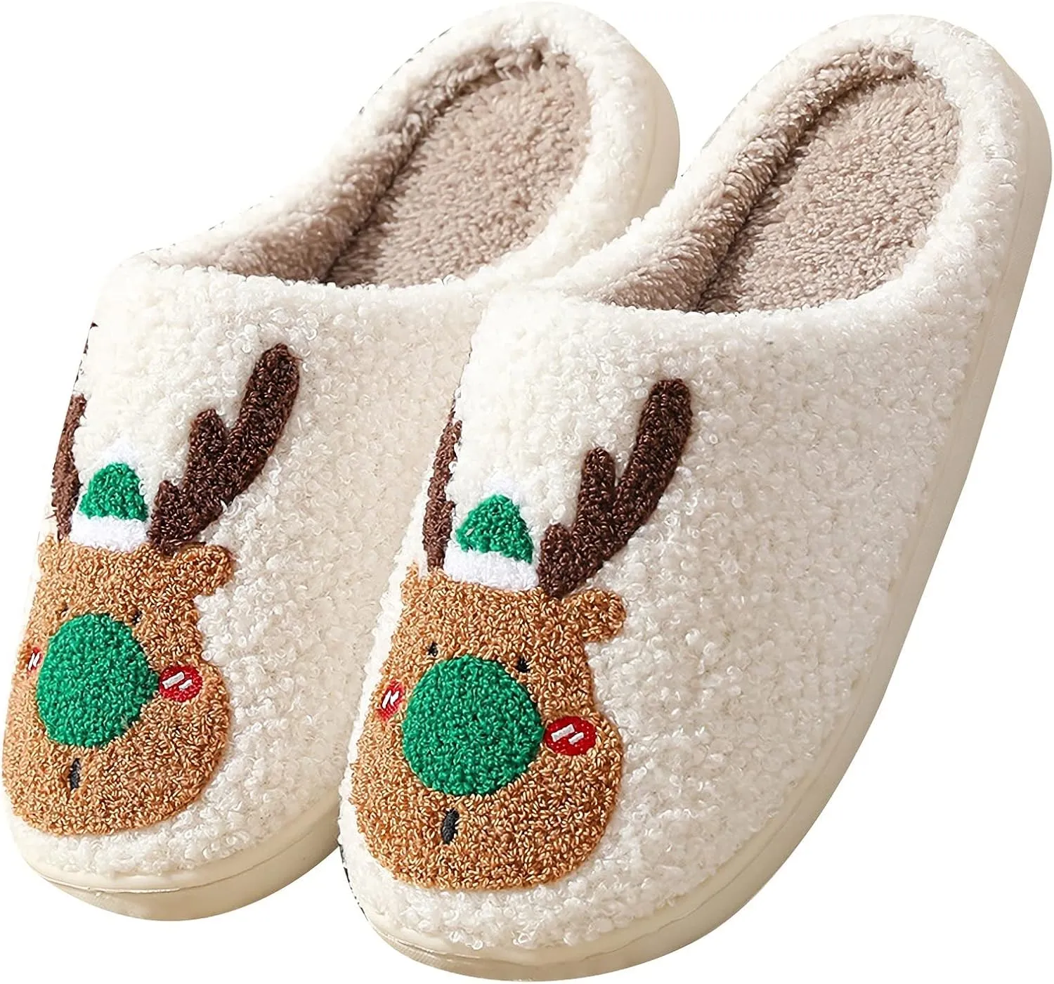 Christmas Santa Reindeer Slippers - Soft Plush Fuzzy Cozy House Slippers for Women Men Indoor Outdoor Shoes