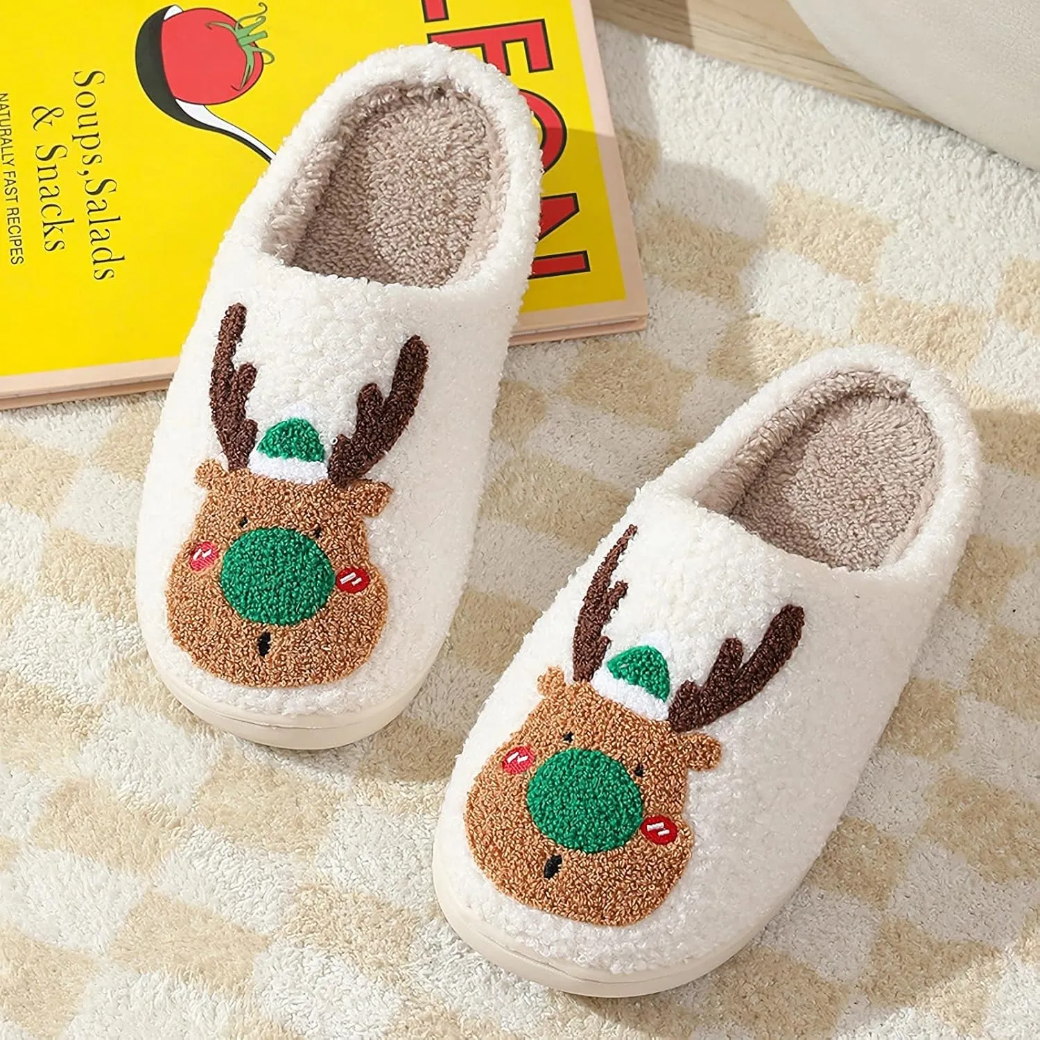 Christmas Santa Reindeer Slippers - Soft Plush Fuzzy Cozy House Slippers for Women Men Indoor Outdoor Shoes