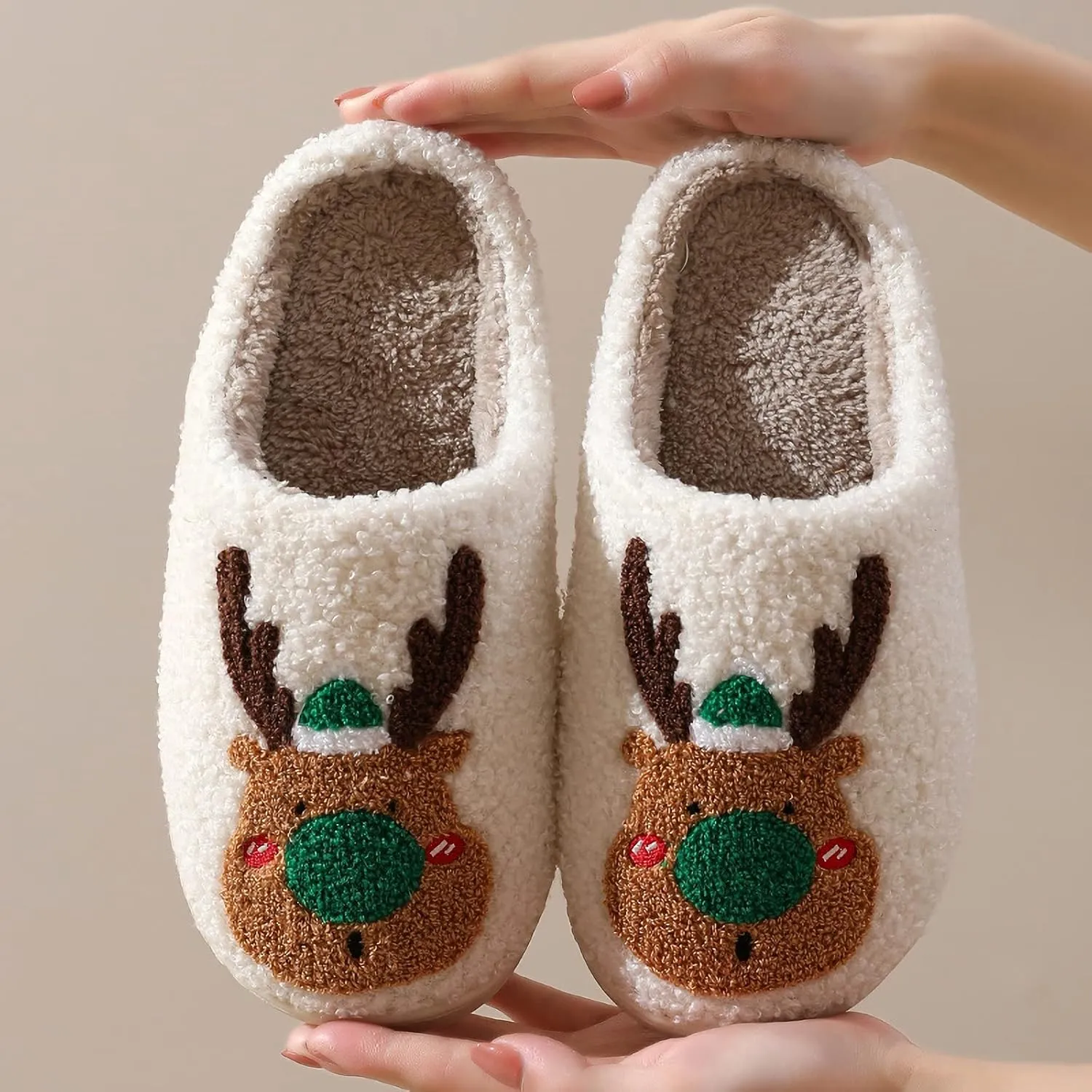 Christmas Santa Reindeer Slippers - Soft Plush Fuzzy Cozy House Slippers for Women Men Indoor Outdoor Shoes