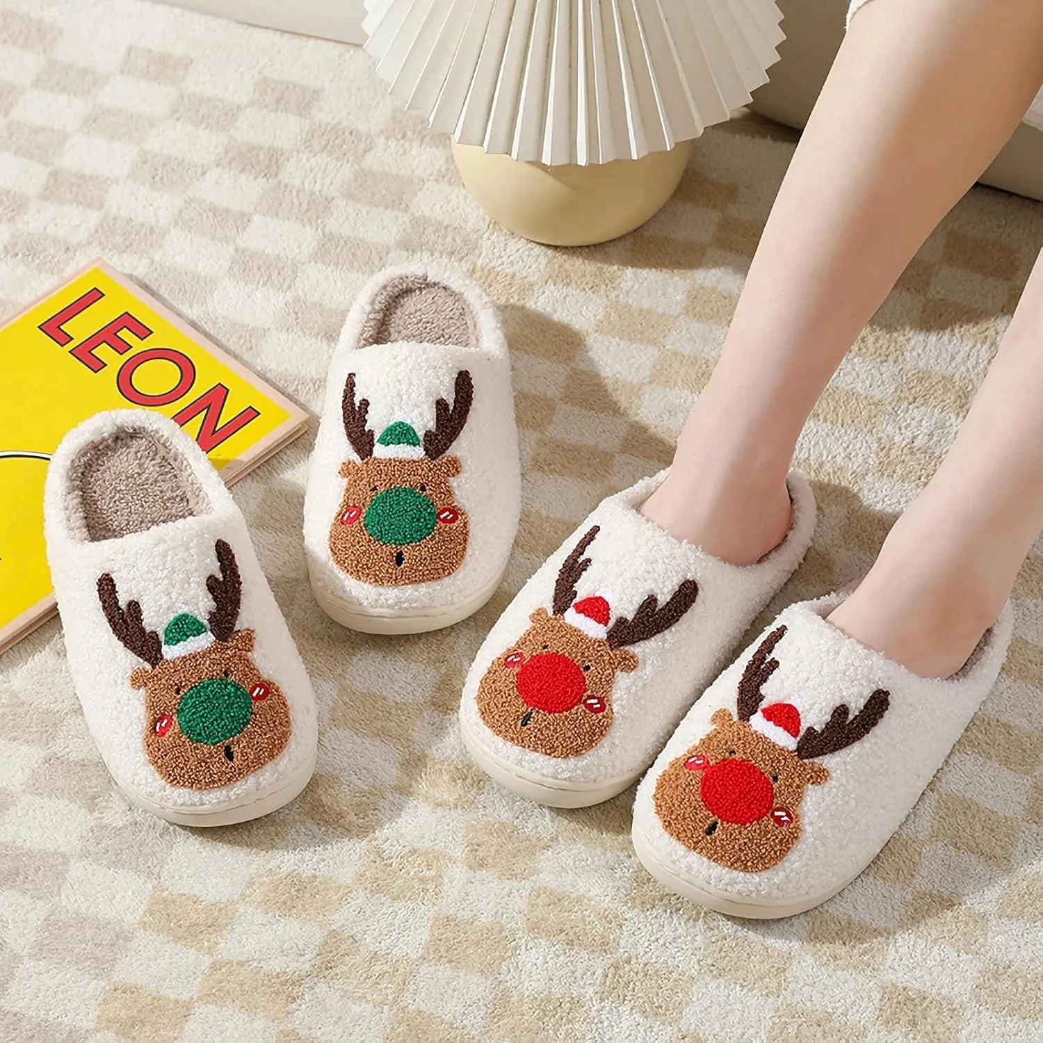 Christmas Santa Reindeer Slippers - Soft Plush Fuzzy Cozy House Slippers for Women Men Indoor Outdoor Shoes