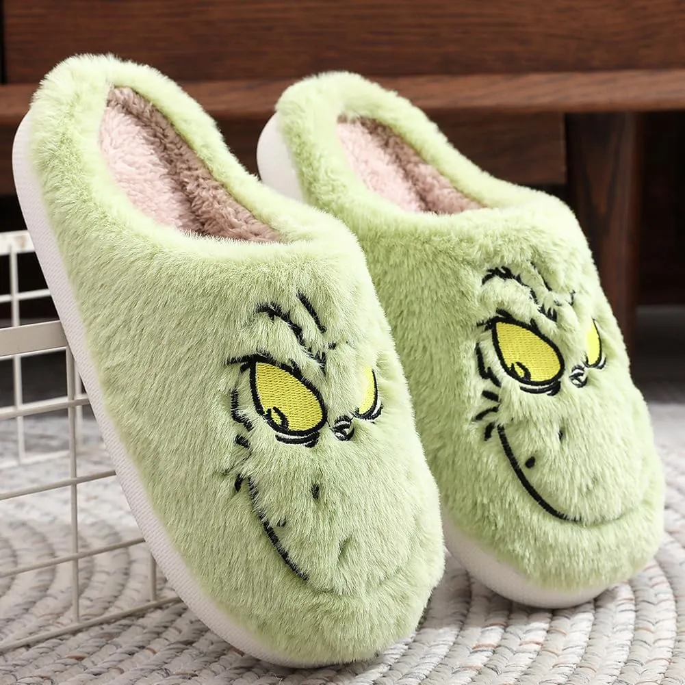 Christmas Slippers Cartoon Plush Slippers Winter Soft Green Merry Christmas Gifts