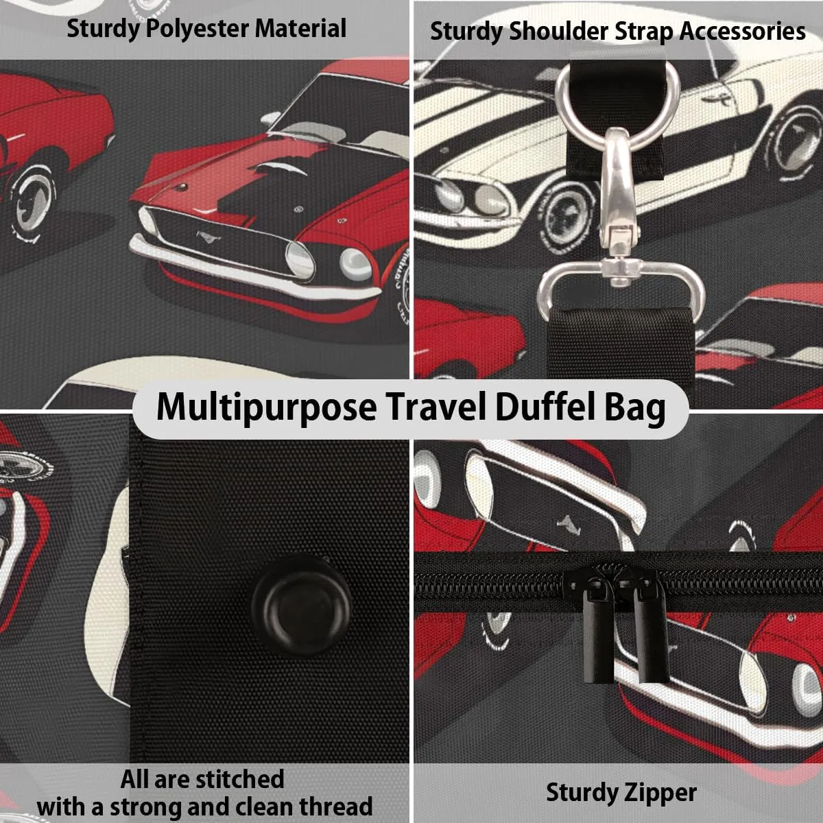 Classic Muscle Cars Travel Duffle Bag for Women Men Gym Duffel Foldable Bag Waterproof Weekender Red White Duffle Tote