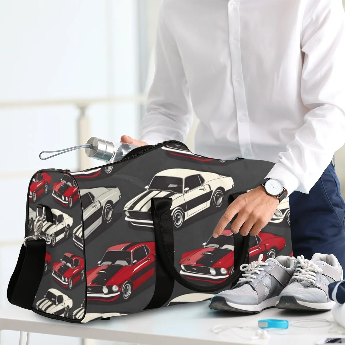 Classic Muscle Cars Travel Duffle Bag for Women Men Gym Duffel Foldable Bag Waterproof Weekender Red White Duffle Tote