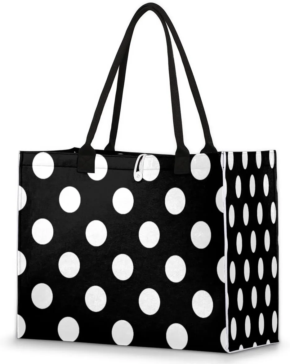 Classic Polka Dot Large Tote Bag Black White Shoulder Bag For Women Teachers Nurses Work Shopping Travel Handbag Purse