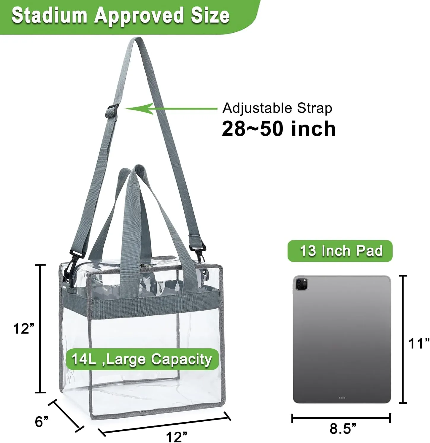 Clear Bag Stadium Approved, Clear Beach Lunch Bag Shoulder Tote Bag - Zipper Closure, Adjustable Strap, See-Through