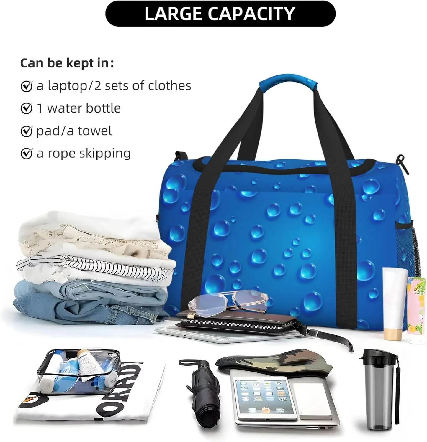 Clear Blue Water Droplets Travel Duffel Bag Large Foldable Waterproof Overnight Bag For Beach Swim Bags Pool Sports Gym