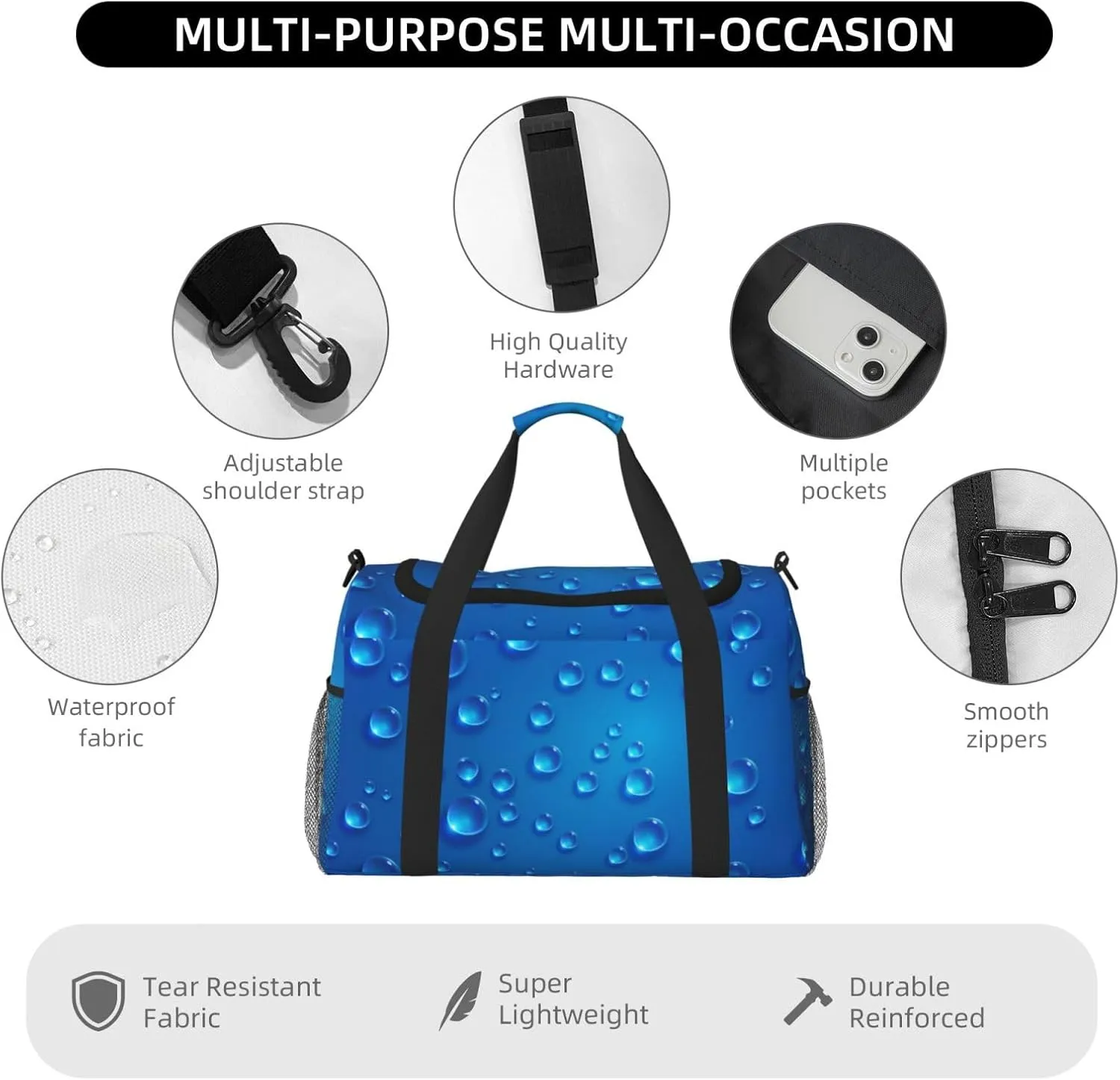 Clear Blue Water Droplets Travel Duffel Bag Large Foldable Waterproof Overnight Bag For Beach Swim Bags Pool Sports Gym