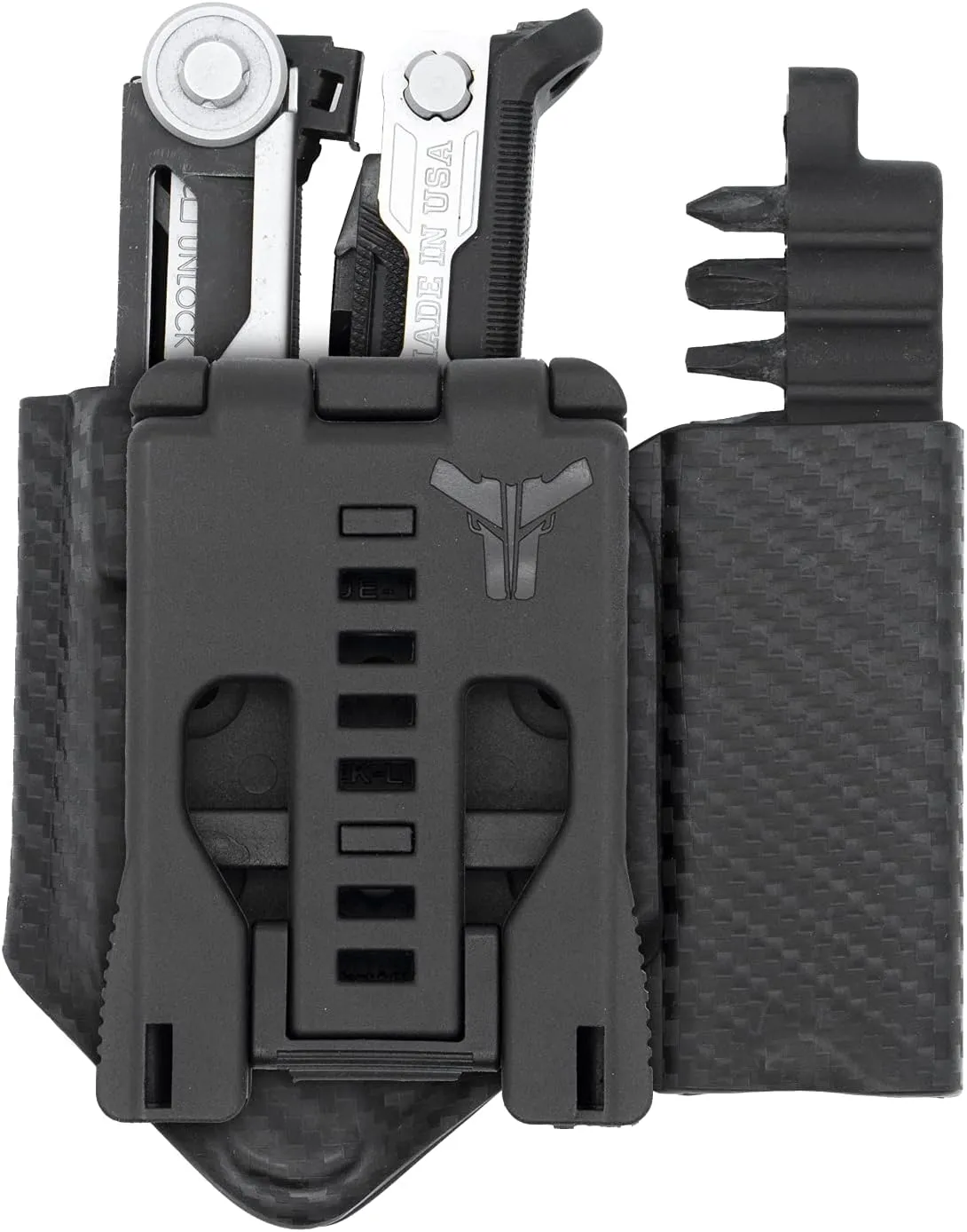 Clip & Carry Kydex Multitool Sheath for GERBER CENTER-DRIVE w/Bit Sidecar Holder ~ Made in USA (Multi-tool & Bits not included) Multi Tool Holster (CARBON FIBER BLACK, TOOL SHEATH w/BIT SIDECAR)