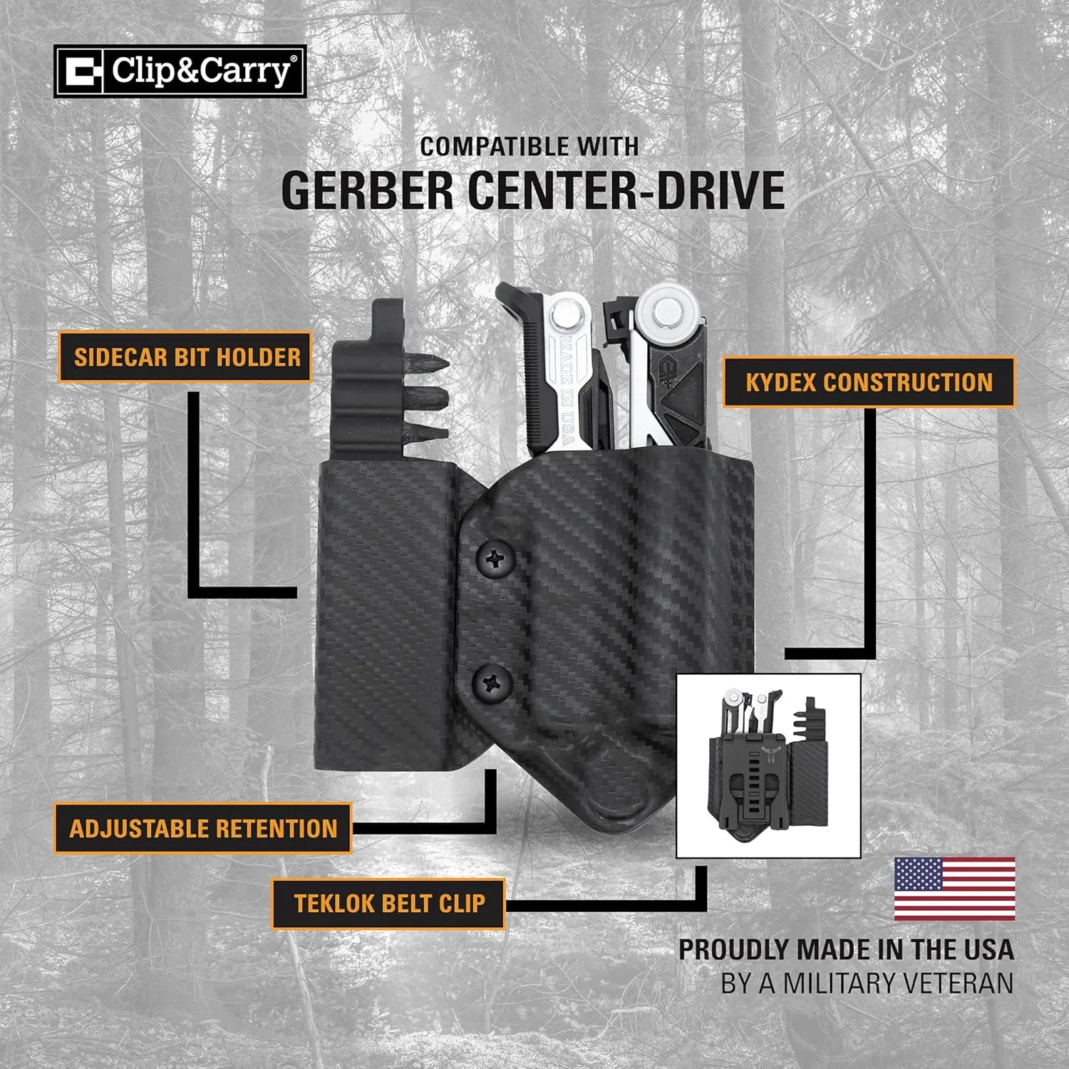 Clip & Carry Kydex Multitool Sheath for GERBER CENTER-DRIVE w/Bit Sidecar Holder ~ Made in USA (Multi-tool & Bits not included) Multi Tool Holster (CARBON FIBER BLACK, TOOL SHEATH w/BIT SIDECAR)