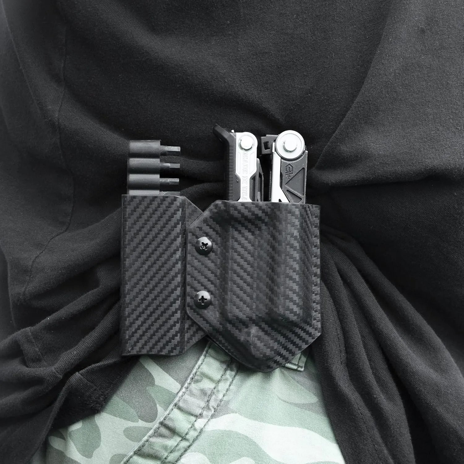 Clip & Carry Kydex Multitool Sheath for GERBER CENTER-DRIVE w/Bit Sidecar Holder ~ Made in USA (Multi-tool & Bits not included) Multi Tool Holster (CARBON FIBER BLACK, TOOL SHEATH w/BIT SIDECAR)