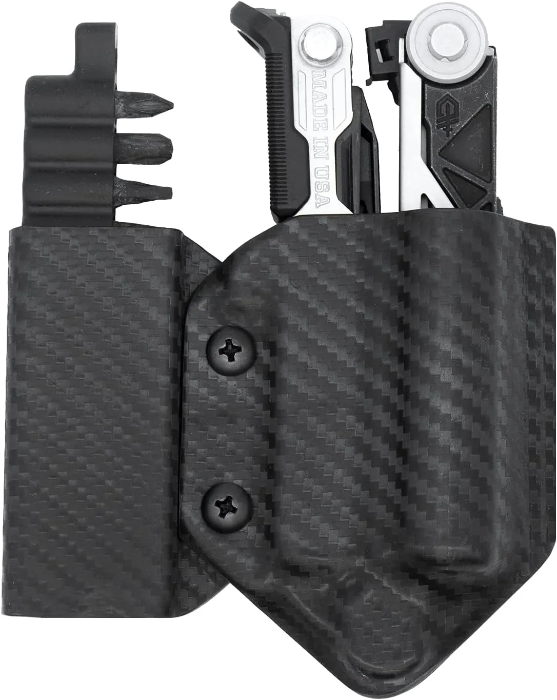 Clip & Carry Kydex Multitool Sheath for GERBER CENTER-DRIVE w/Bit Sidecar Holder ~ Made in USA (Multi-tool & Bits not included) Multi Tool Holster (CARBON FIBER BLACK, TOOL SHEATH w/BIT SIDECAR)