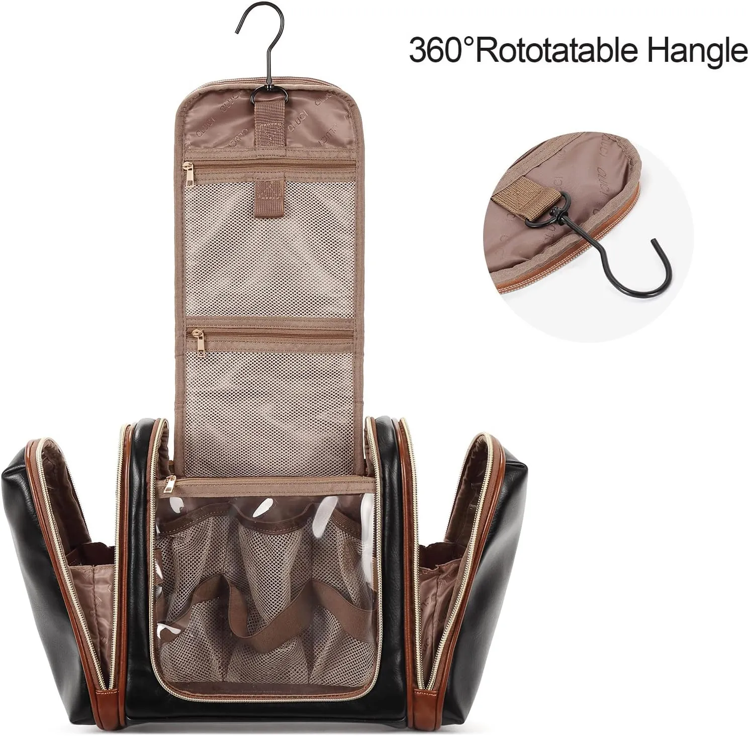 CLUCI Toiletry Bag Travel Bag with Hanging Hook Leather Makeup Cosmetic Bag Travel Organizer for Accessories Shampoo Container Toiletries
