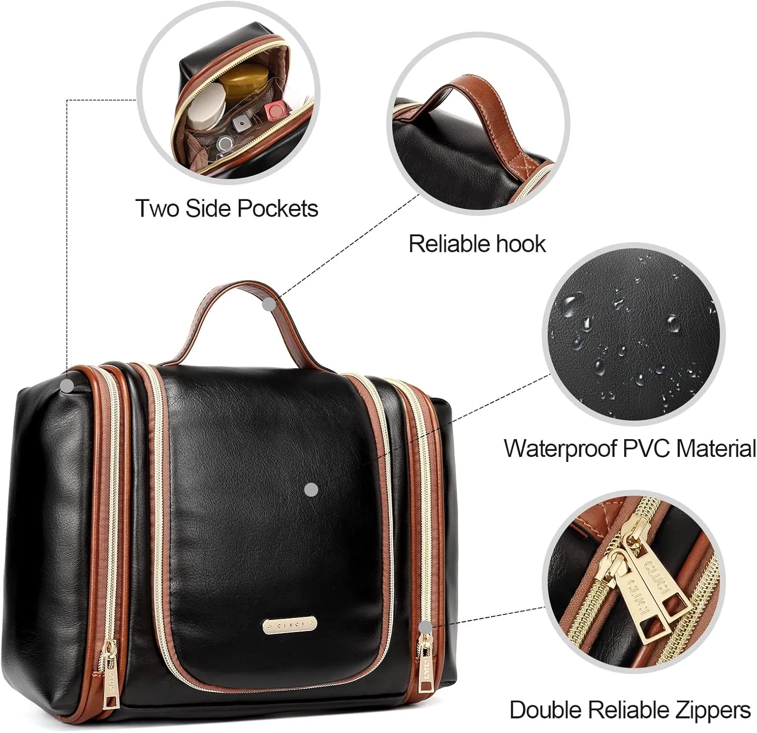 CLUCI Toiletry Bag Travel Bag with Hanging Hook Leather Makeup Cosmetic Bag Travel Organizer for Accessories Shampoo Container Toiletries