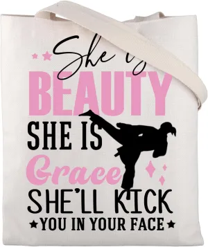 CMNIM Karate Tote Bag Karate Lovers Gifts She is Beauty She is Grace Karate Girls Gifts Taekwondo Gifts Martial Arts Tote Bag
