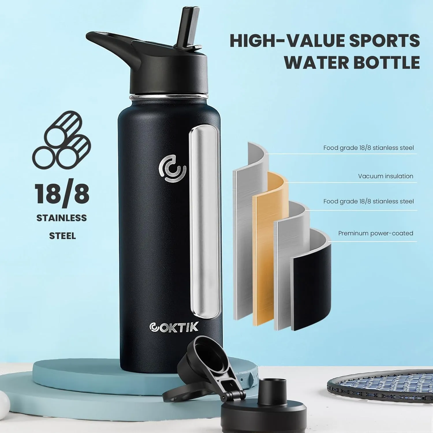COKTIK 40 oz Sports Water Bottle With Straw,2 Lids, Stainless Steel Vacuum Insulated Water Bottles,Leakproof Lightweight, Keeps Cold and Hot, Great for Travel, Hiking, Biking, Running(Black)