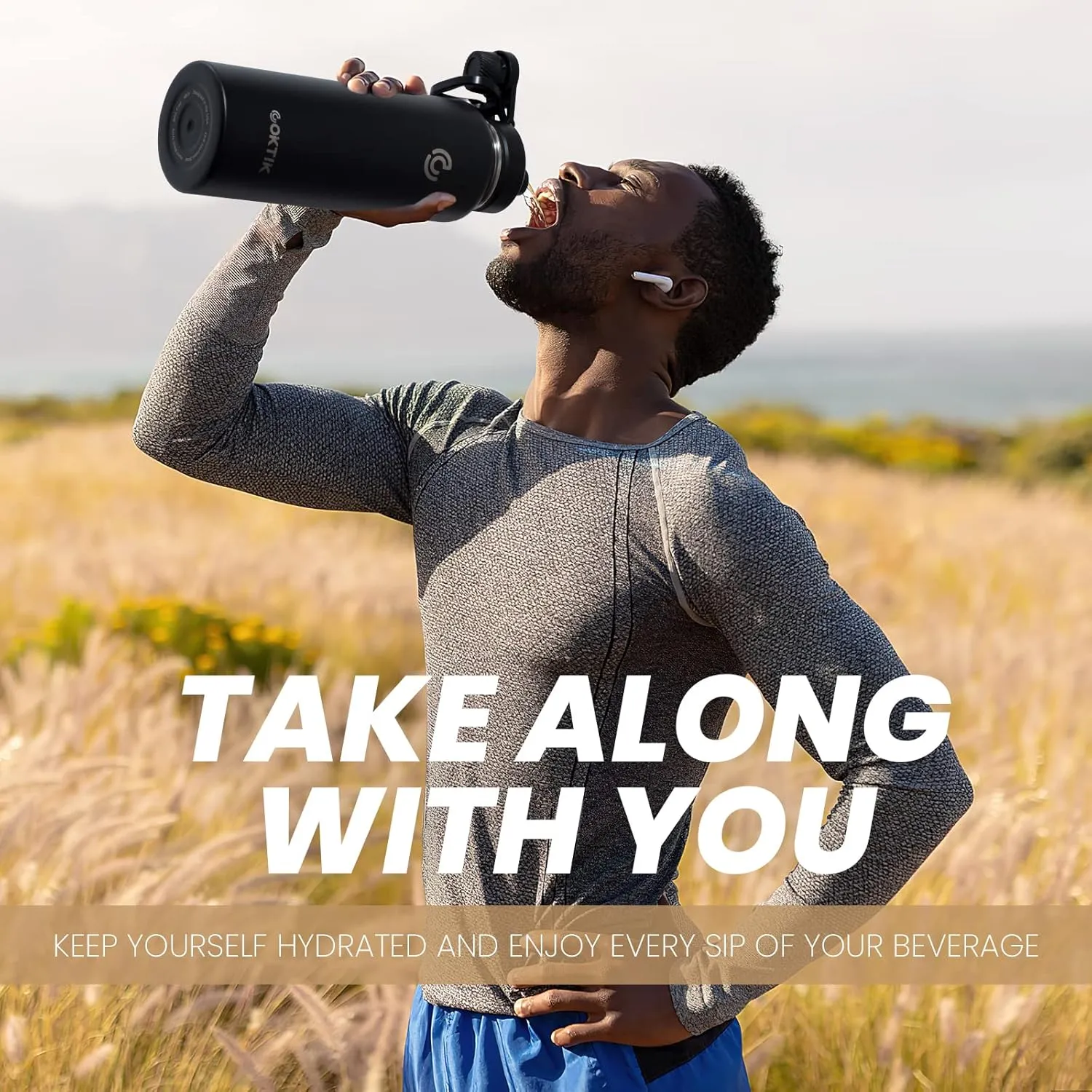COKTIK 40 oz Sports Water Bottle With Straw,2 Lids, Stainless Steel Vacuum Insulated Water Bottles,Leakproof Lightweight, Keeps Cold and Hot, Great for Travel, Hiking, Biking, Running(Black)