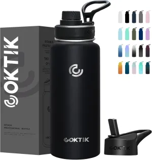 COKTIK 40 oz Sports Water Bottle With Straw,2 Lids, Stainless Steel Vacuum Insulated Water Bottles,Leakproof Lightweight, Keeps Cold and Hot, Great for Travel, Hiking, Biking, Running(Black)