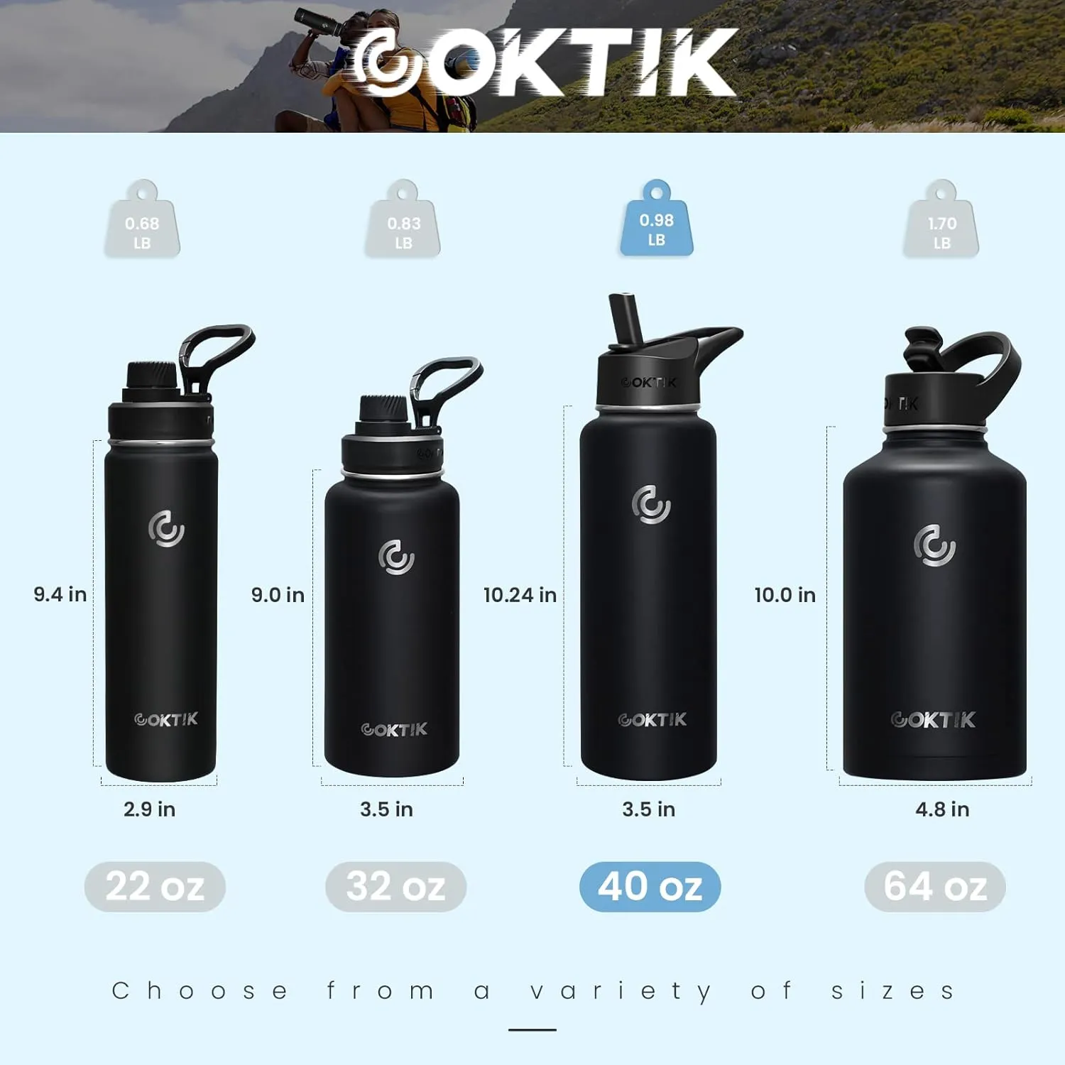 COKTIK 40 oz Sports Water Bottle With Straw,2 Lids, Stainless Steel Vacuum Insulated Water Bottles,Leakproof Lightweight, Keeps Cold and Hot, Great for Travel, Hiking, Biking, Running(Black)