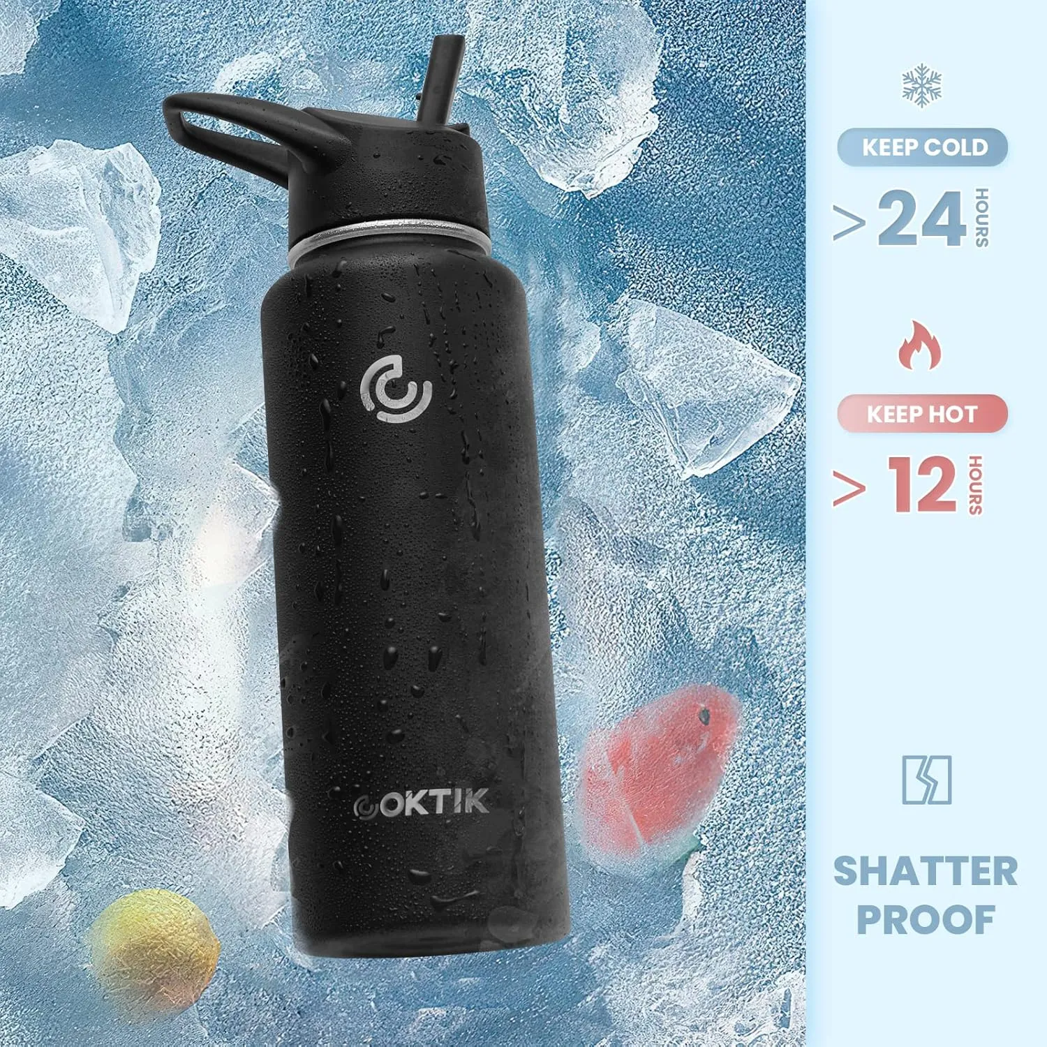 COKTIK 40 oz Sports Water Bottle With Straw,2 Lids, Stainless Steel Vacuum Insulated Water Bottles,Leakproof Lightweight, Keeps Cold and Hot, Great for Travel, Hiking, Biking, Running(Black)