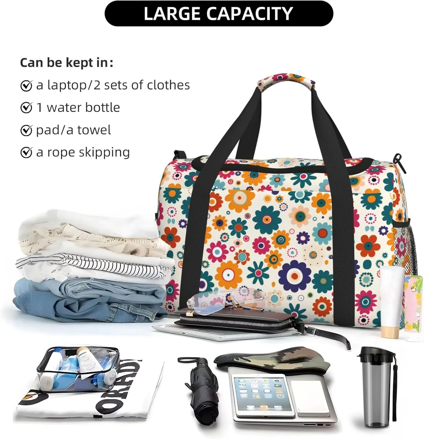 Colorful Cute Flowers Travel Weekender Overnight Bags Foldable Hand Travel Bag Sport Gym Duffel Bag For Men Women
