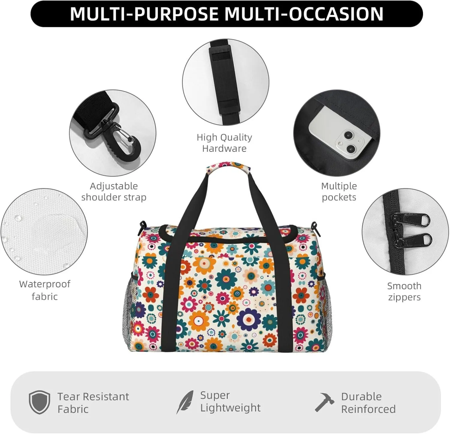 Colorful Cute Flowers Travel Weekender Overnight Bags Foldable Hand Travel Bag Sport Gym Duffel Bag For Men Women