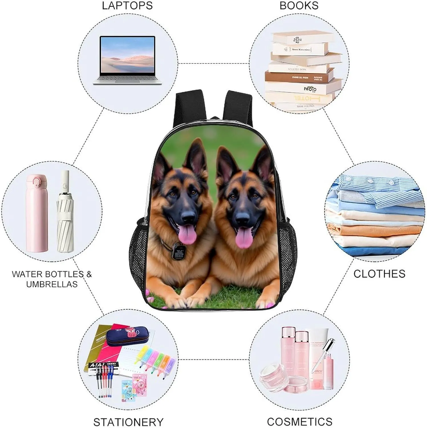 Colorful Cute Pet German Shepherd Dog Daypack Backpack Transparent Anti-Theft Multipurpose Bookbag Big Capacity Travel Hiking & Camping Rucksack With Smooth Zippers