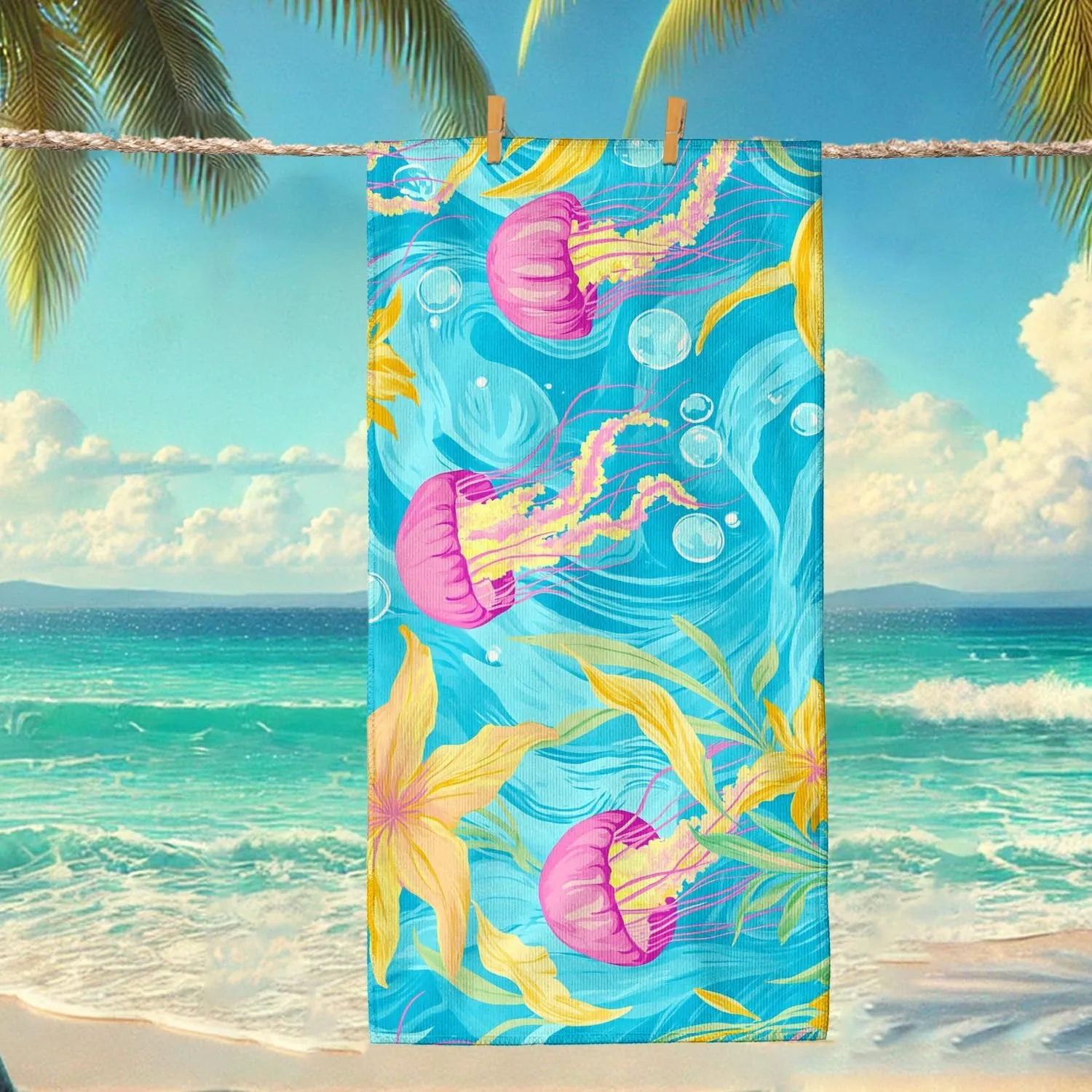 Colorful Jellyfish Microfiber Beach Towel Aquatic Design Quick Dry Absorbent Sand Free Oversized Lightweight Beach Blanket, Vacation Picnic Essentials 62x31 Inch